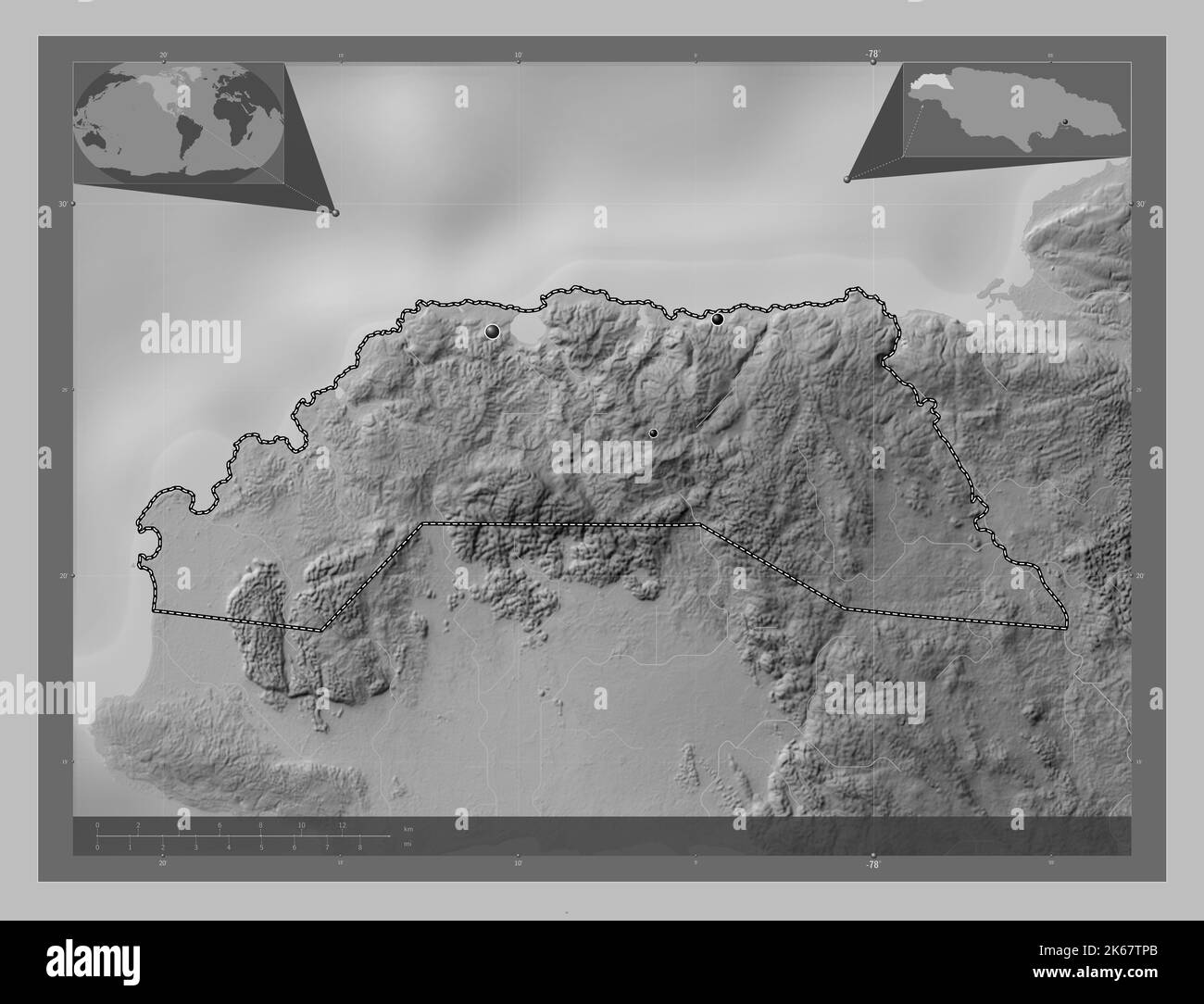 Hanover, parish of Jamaica. Grayscale elevation map with lakes and