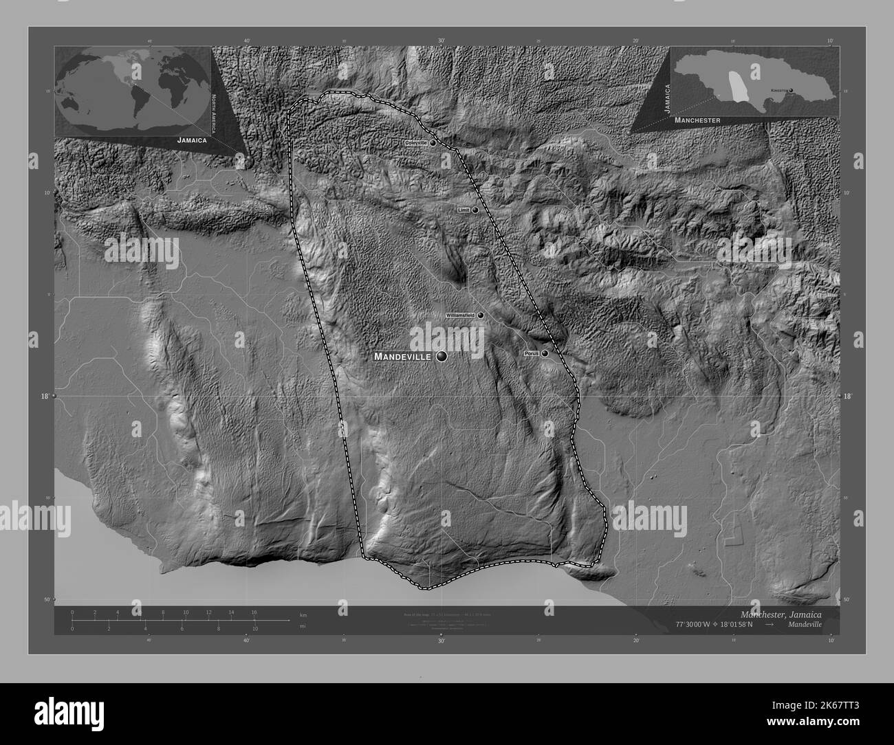Manchester, parish of Jamaica. Bilevel elevation map with lakes and