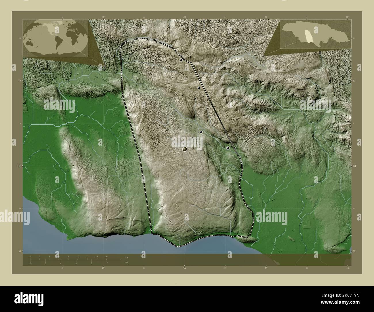 Manchester, parish of Jamaica. Elevation map colored in wiki style with