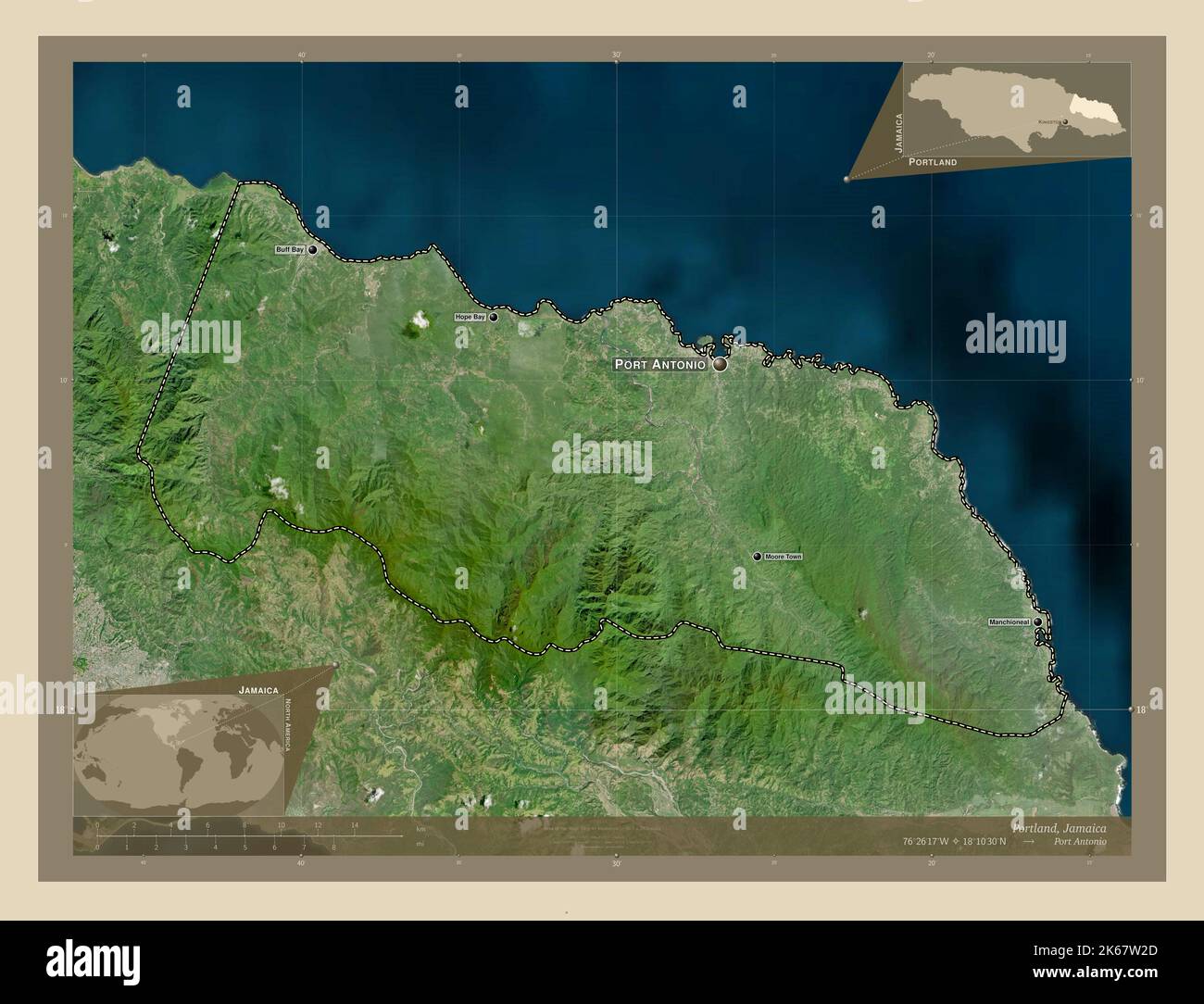 Portland, parish of Jamaica. High resolution satellite map. Locations