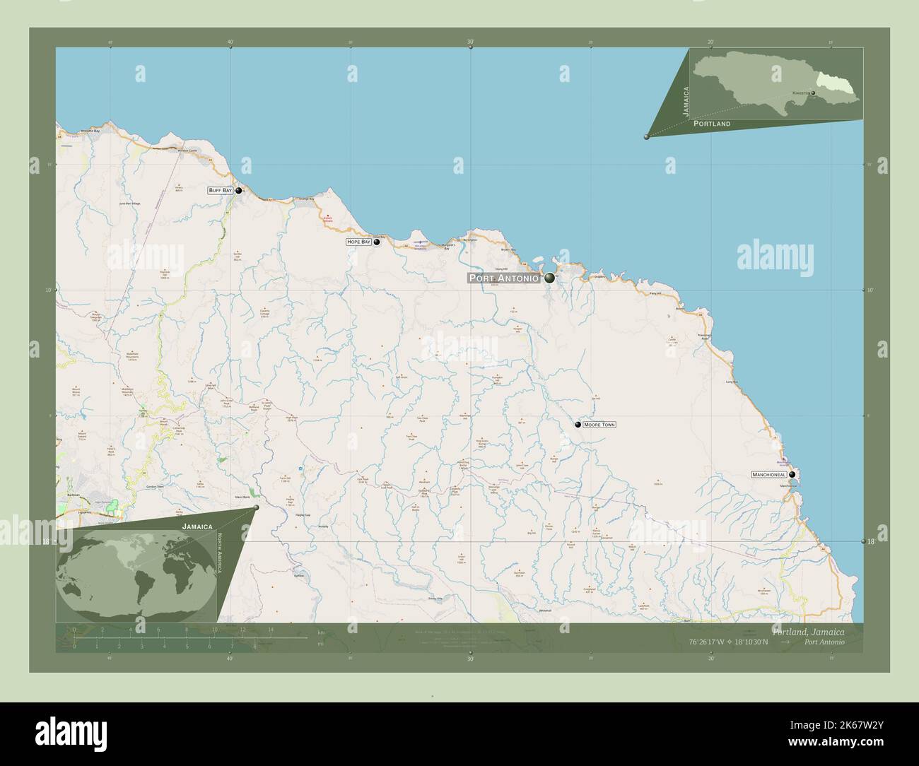 Portland, parish of Jamaica. Open Street Map. Locations and names of