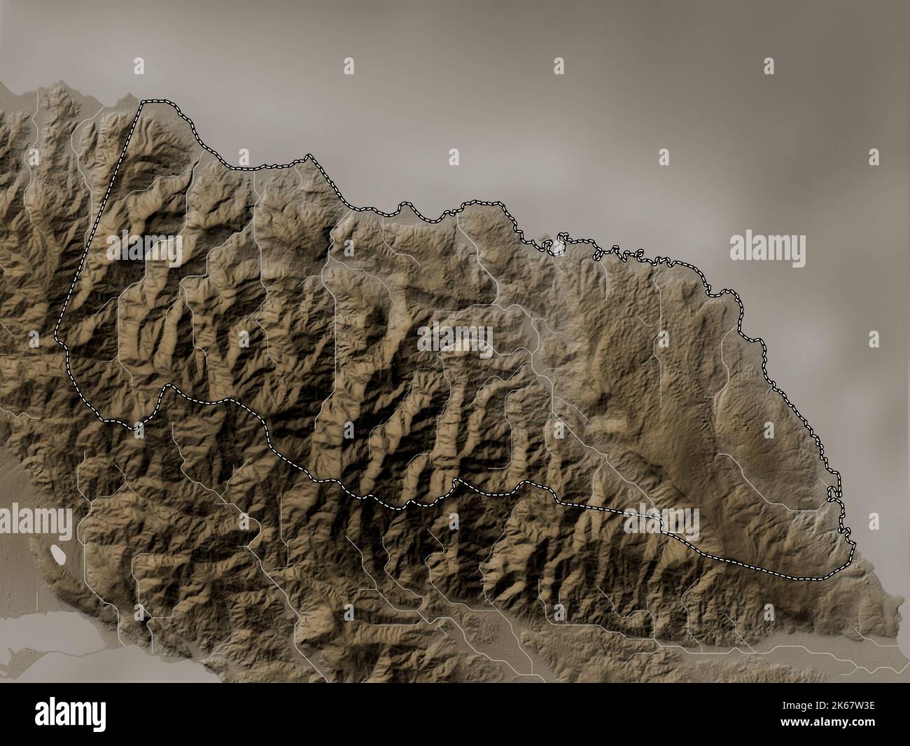 Portland, parish of Jamaica. Elevation map colored in sepia tones with