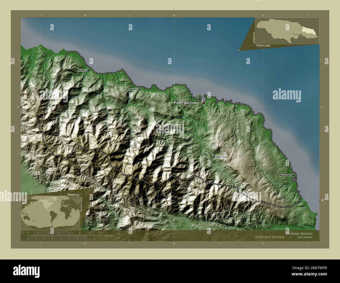 Portland, parish of Jamaica. Elevation map colored in wiki style with