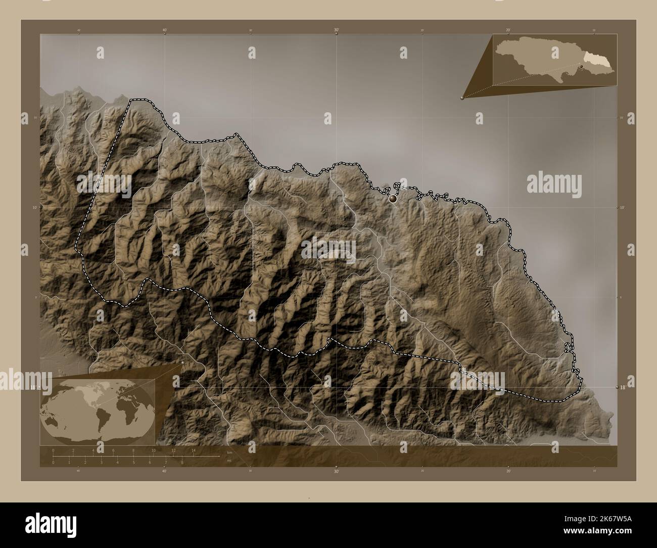 Portland, parish of Jamaica. Elevation map colored in sepia tones with