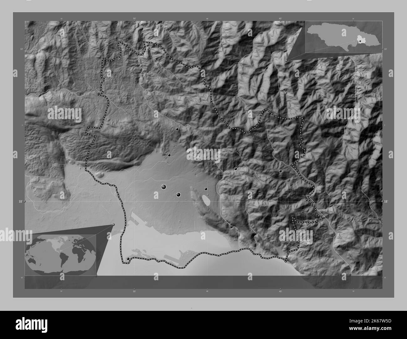 Saint Andrew, parish of Jamaica. Grayscale elevation map with lakes and