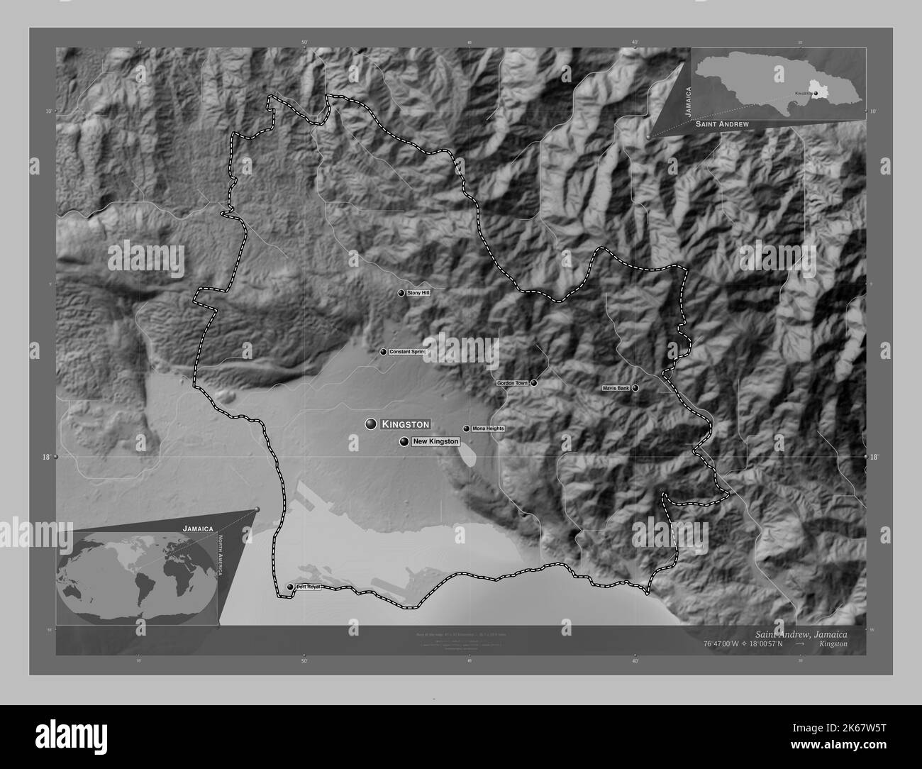 Saint Andrew, parish of Jamaica. Grayscale elevation map with lakes and