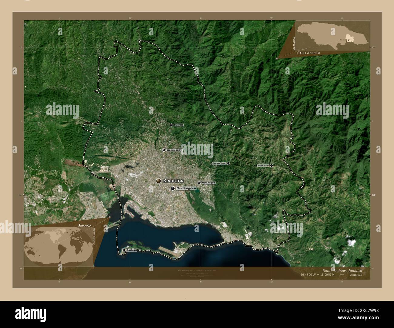 Saint Andrew, parish of Jamaica. Low resolution satellite map