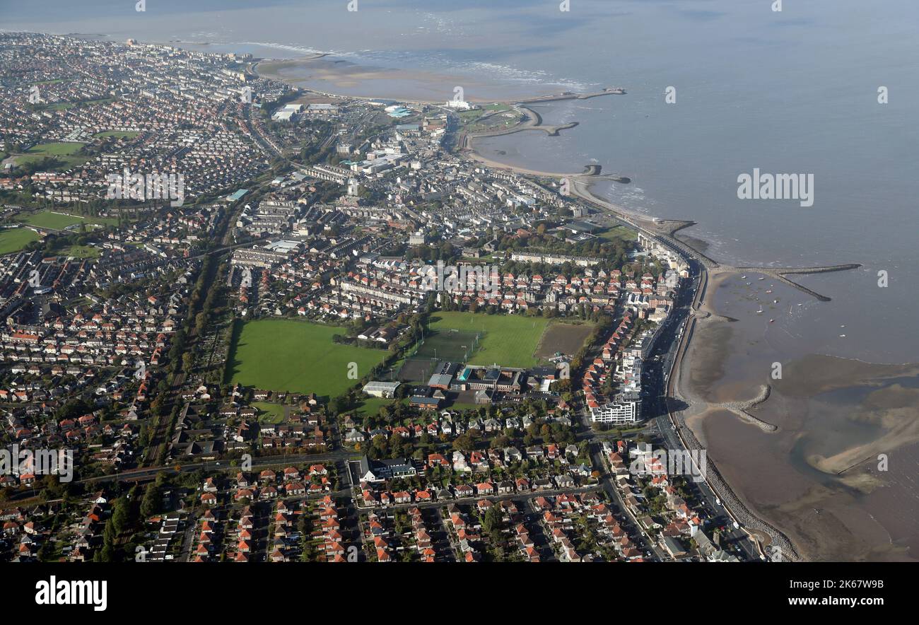 Aerial view from the northeast of the Lancashire coast at Morecambe. Stock Photo
