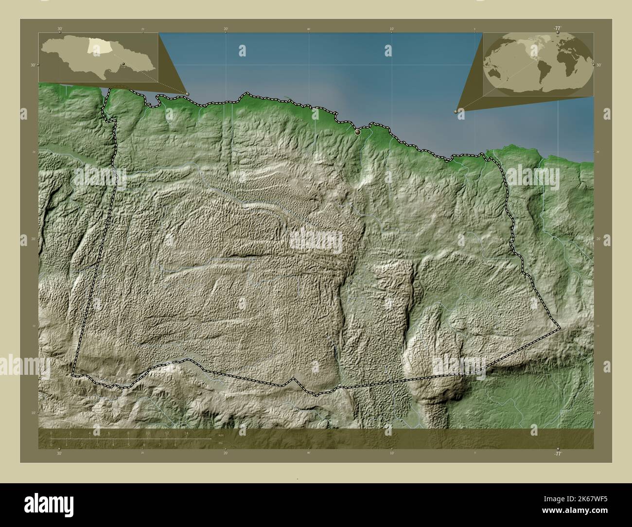 Saint Ann, parish of Jamaica. Elevation map colored in wiki style with