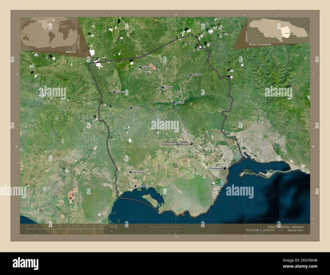 Saint Catherine, parish of Jamaica. High resolution satellite map. Locations and names of major