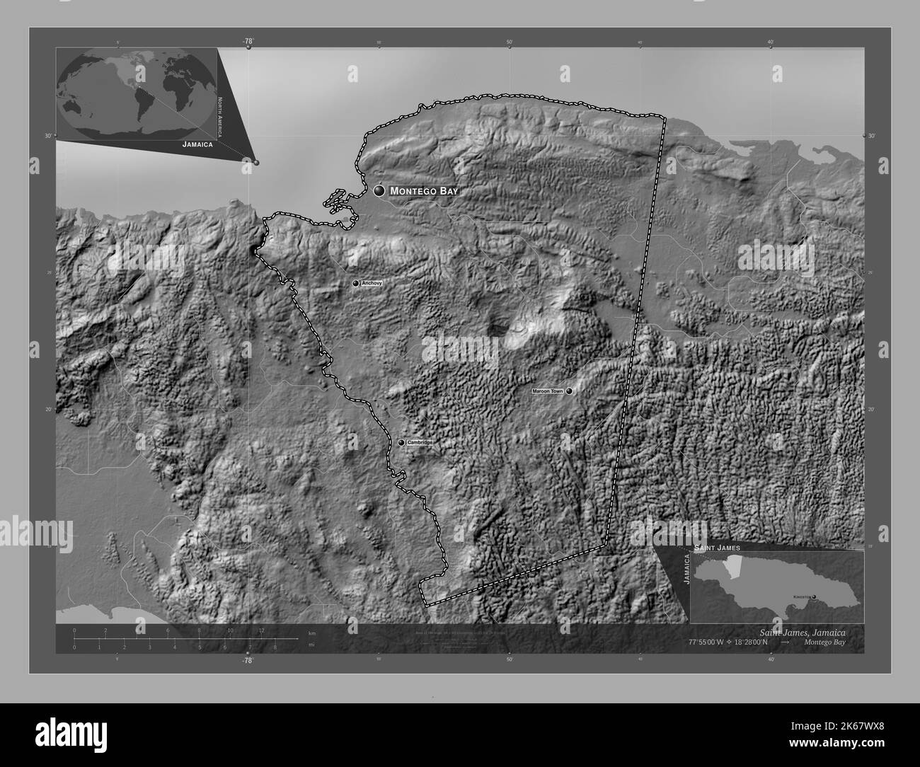 Saint James, parish of Jamaica. Bilevel elevation map with lakes and