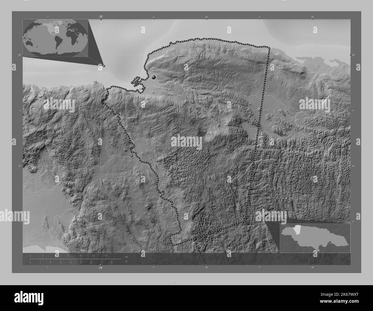 Saint James, parish of Jamaica. Grayscale elevation map with lakes and rivers. Corner auxiliary 