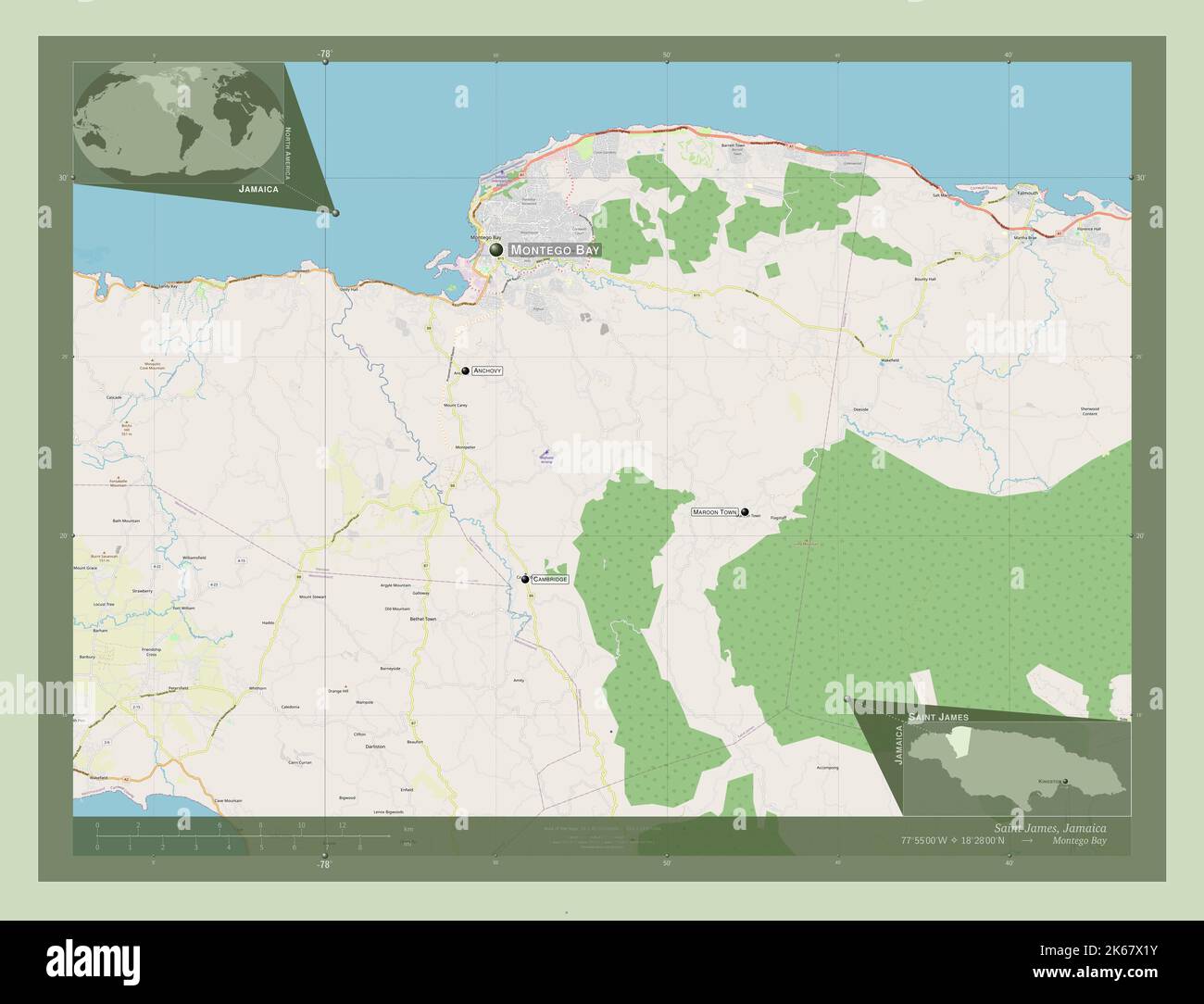 Saint James, parish of Jamaica. Open Street Map. Locations and names of