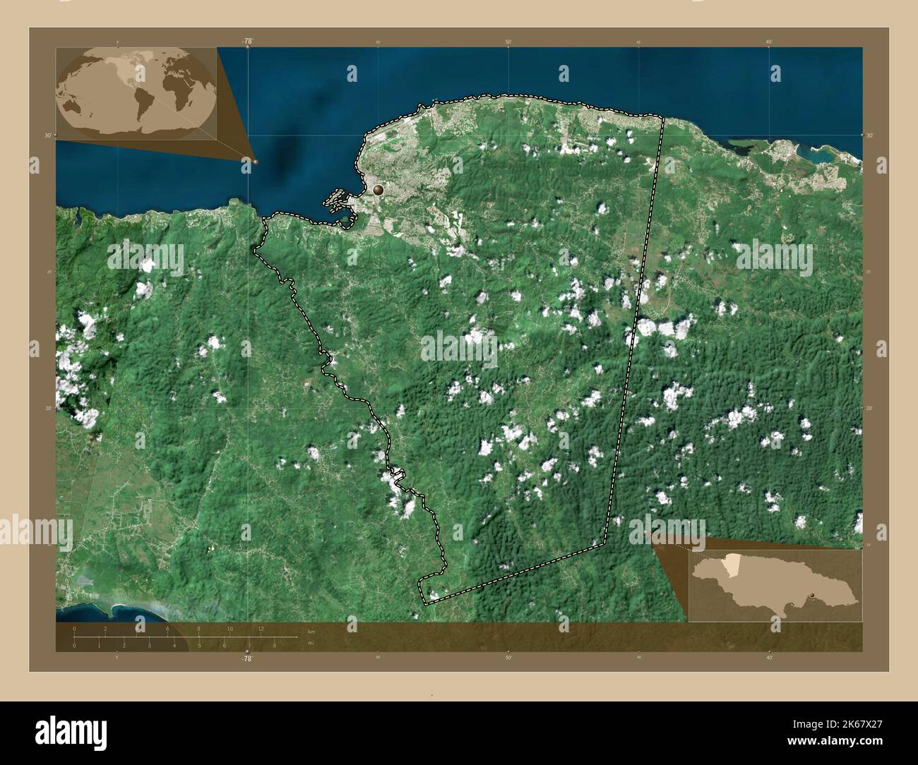 Saint James, parish of Jamaica. Low resolution satellite map. Corner auxiliary location maps 