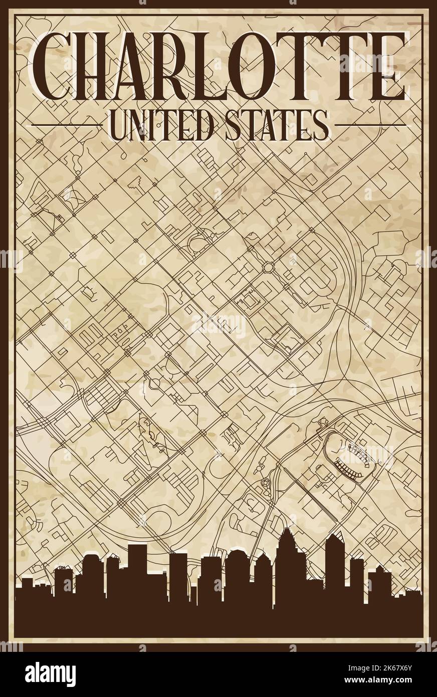 Brown vintage hand drawn printout - Brown Vintage Hand Drawn Printout Streets Network Map Of The Downtown Charlotte United States Of America With Brown 3d City Skyline And Lettering 2K67X6Y 