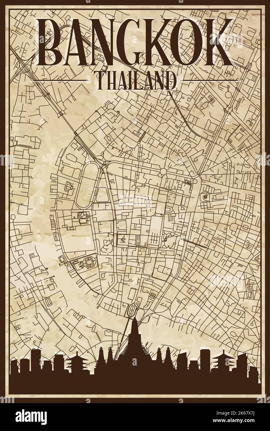 Brown vintage hand-drawn printout streets network map of the downtown ...