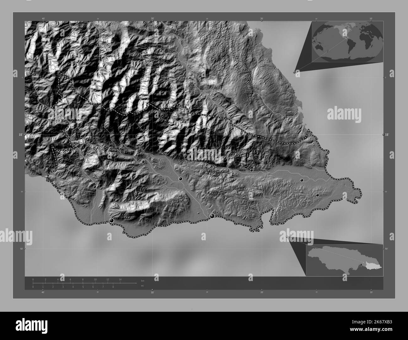 Saint Thomas, parish of Jamaica. Bilevel elevation map with lakes and