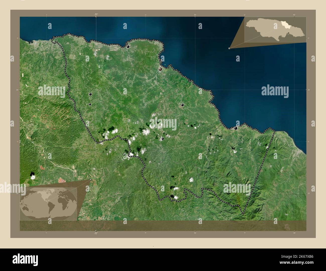 Saint Mary, parish of Jamaica. High resolution satellite map. Locations