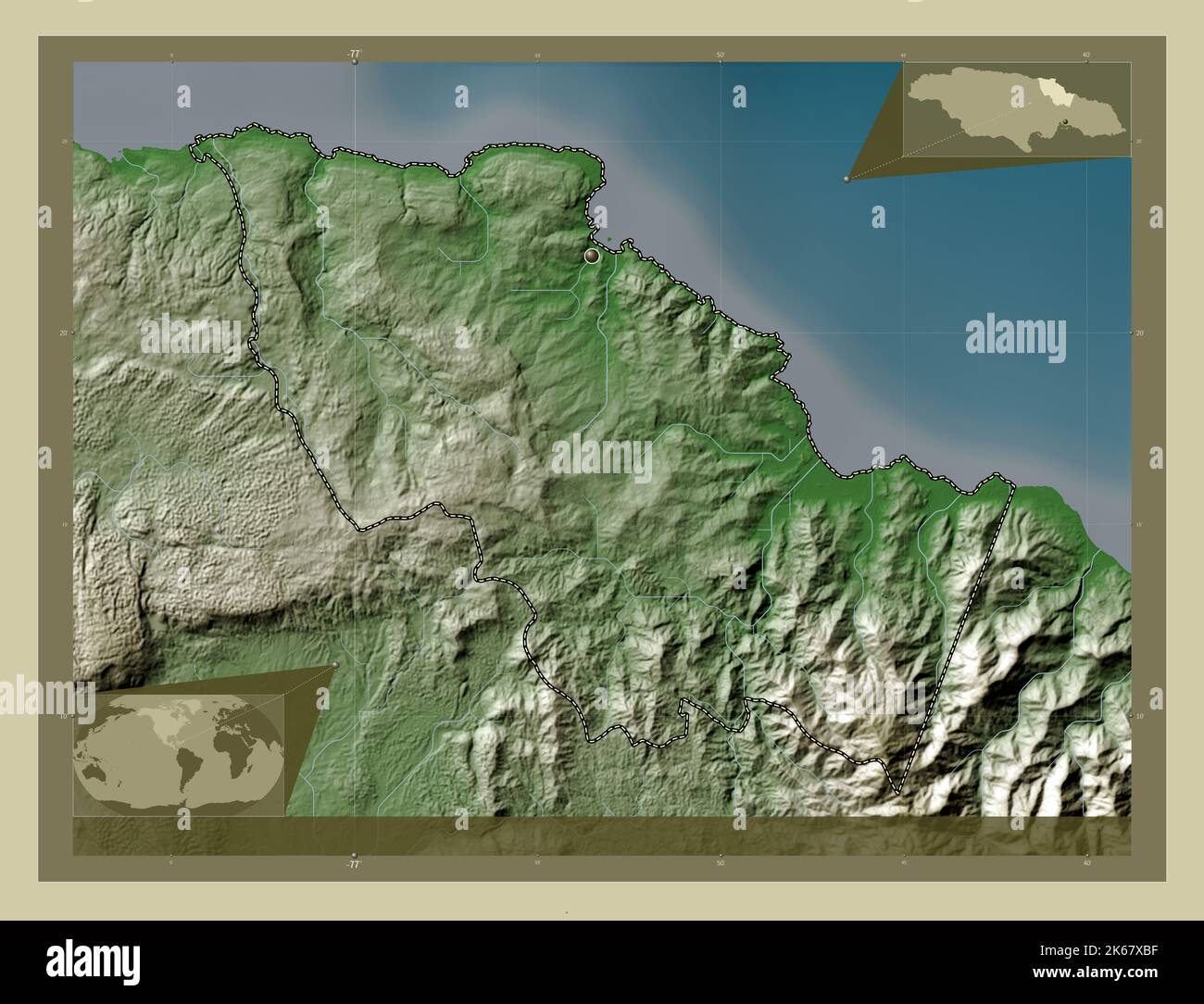 Saint Mary, parish of Jamaica. Elevation map colored in wiki style with
