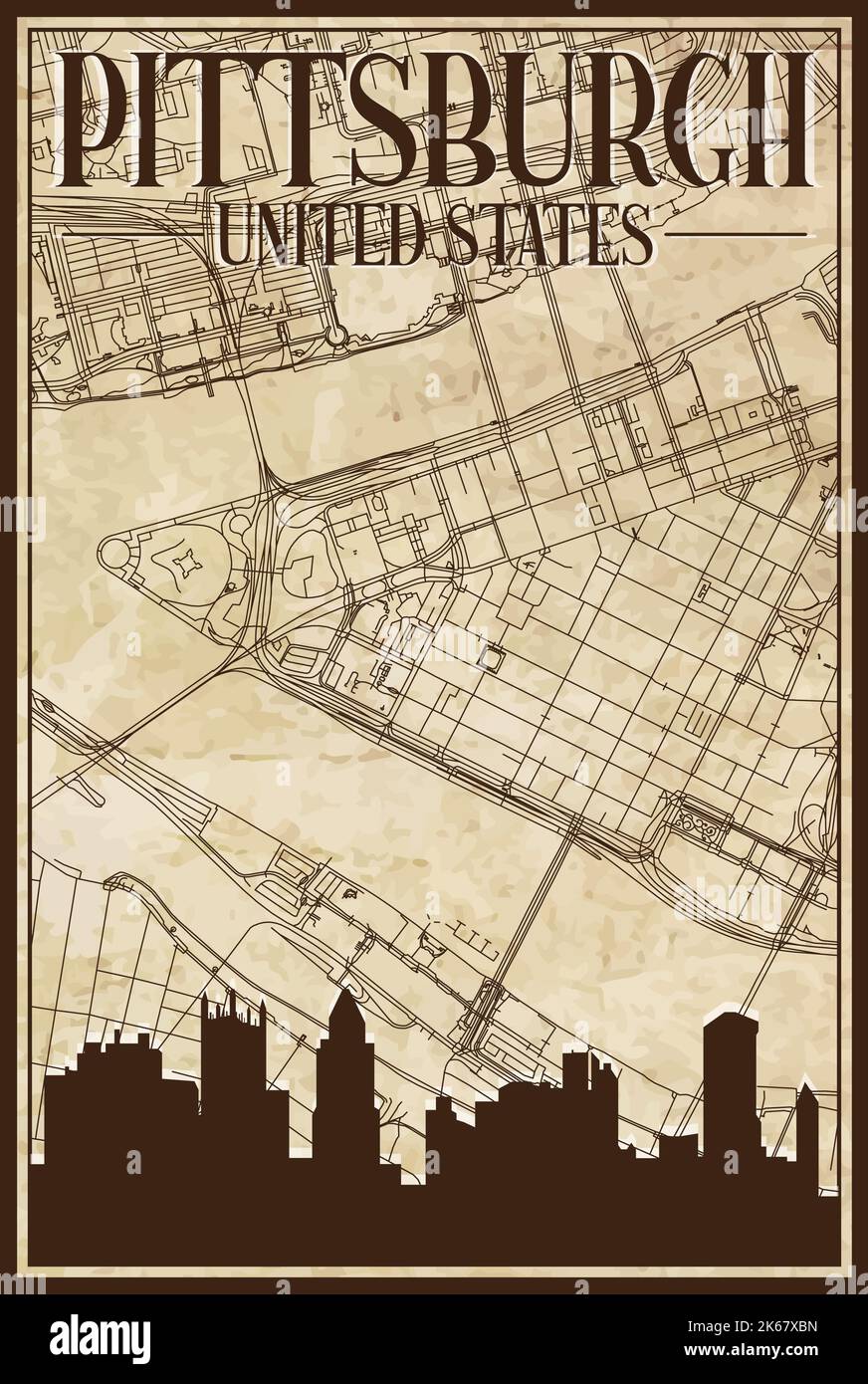Brown vintage hand drawn printout - Brown Vintage Hand Drawn Printout Streets Network Map Of The Downtown Pittsburgh United States Of America With Brown 3d City Skyline And Lettering 2K67XBN 