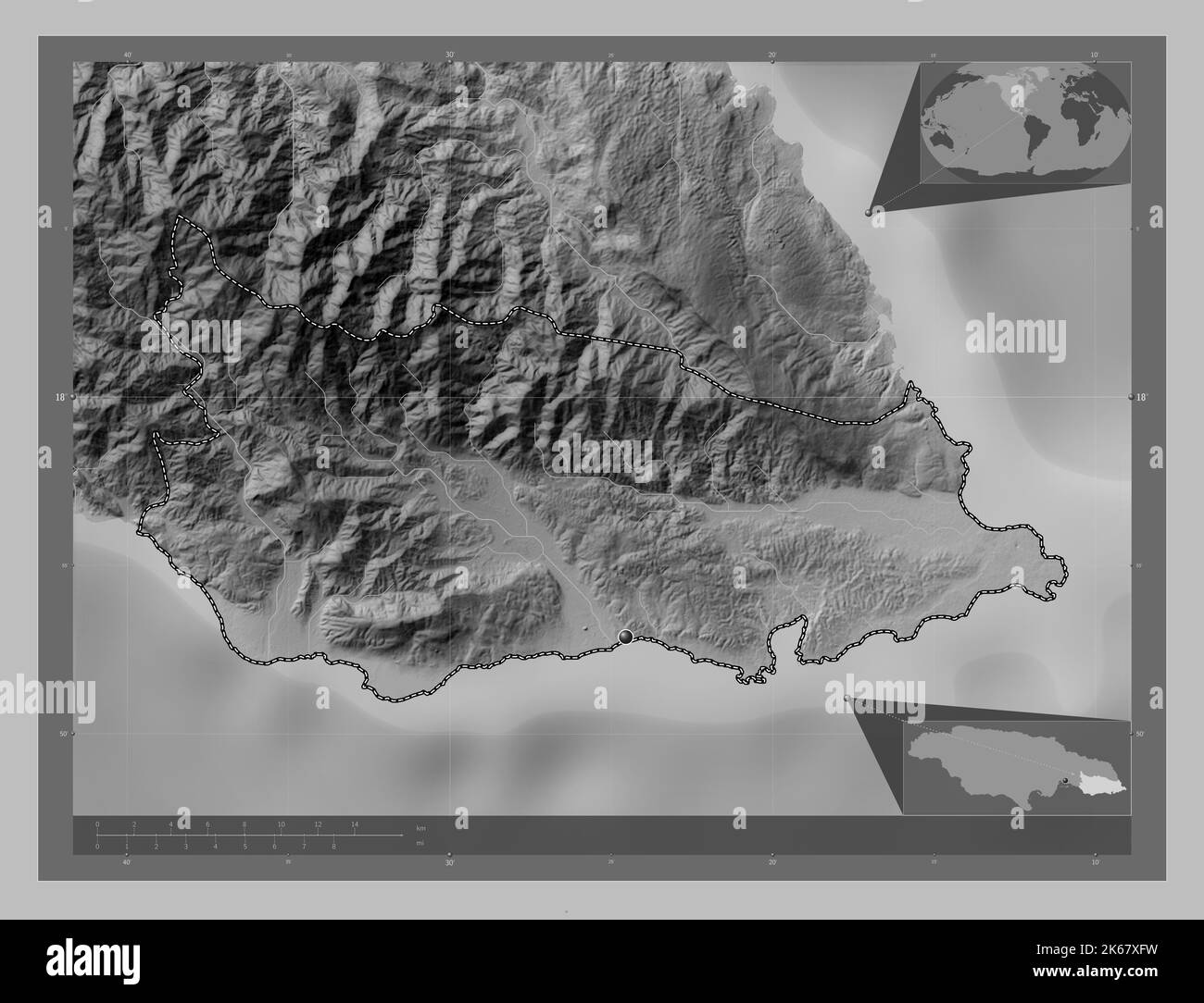 Saint Thomas parish of Jamaica - Saint Thomas Parish Of Jamaica Grayscale Elevation Map With Lakes And Rivers Corner Auxiliary Location Maps 2K67XFW 
