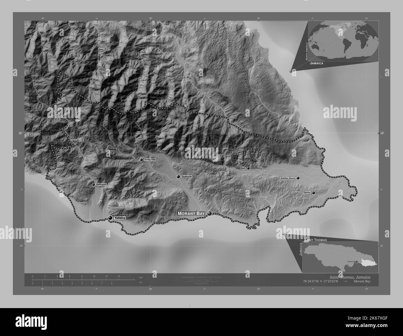 Saint Thomas, parish of Jamaica. Grayscale elevation map with lakes and
