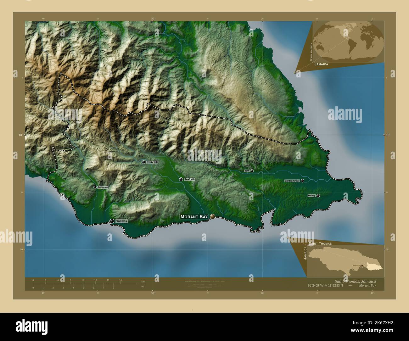 Saint Thomas, parish of Jamaica. Colored elevation map with lakes and