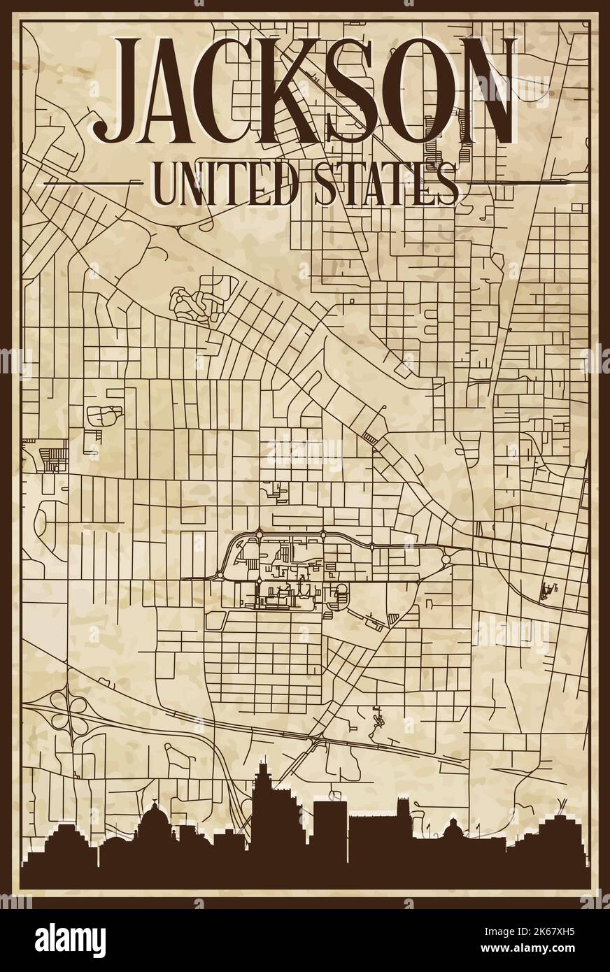 Brown vintage hand drawn printout - Brown Vintage Hand Drawn Printout Streets Network Map Of The Downtown Jackson United States Of America With Brown 3d City Skyline And Lettering 2K67XH5 