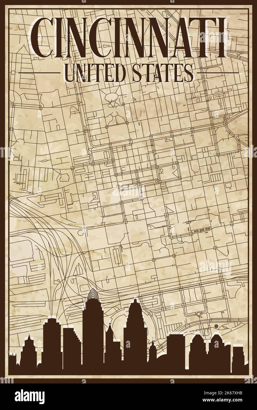 Brown vintage hand drawn printout - Brown Vintage Hand Drawn Printout Streets Network Map Of The Downtown Cincinnati United States Of America With Brown 3d City Skyline And Lettering 2K67XHB 