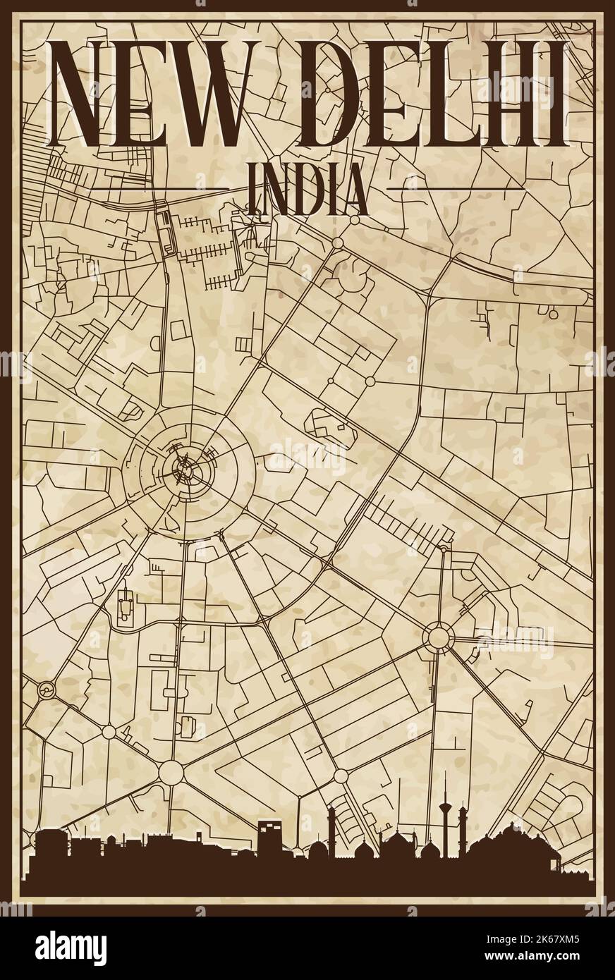 Brown vintage hand-drawn printout streets network map of the downtown NEW DELHI, INDIA with brown 3D city skyline and lettering Stock Vector