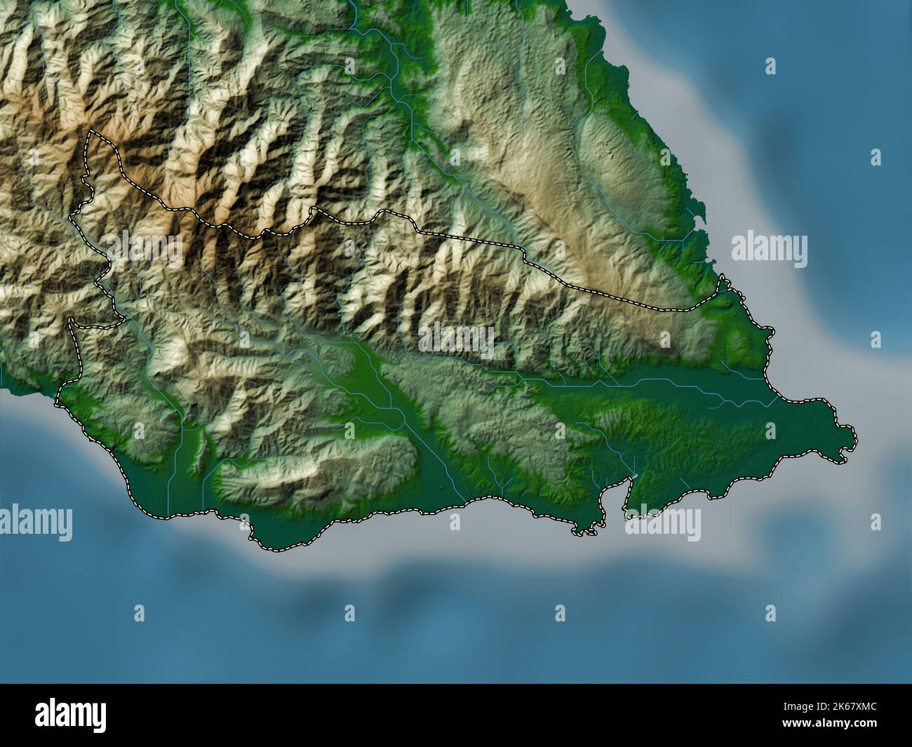 Saint Thomas, parish of Jamaica. Colored elevation map with lakes and