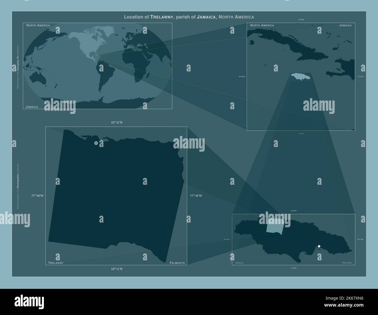 Trelawny, parish of Jamaica. Diagram showing the location of the region