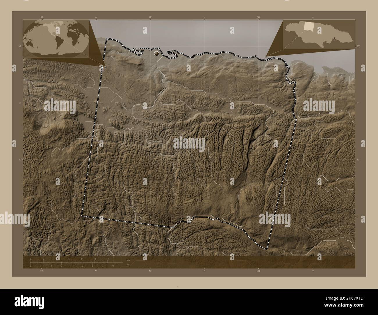 Trelawny, parish of Jamaica. Elevation map colored in sepia tones with