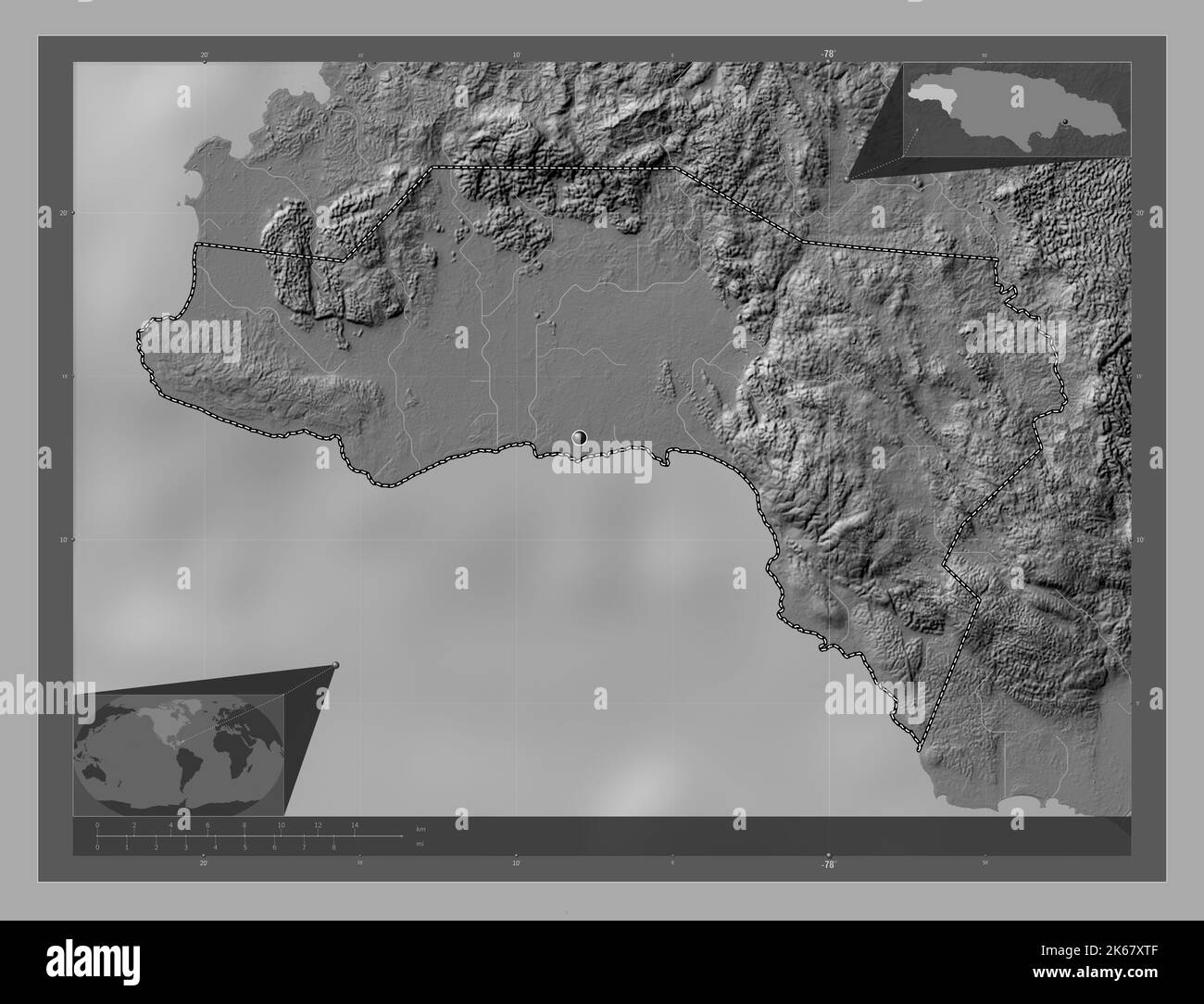 Westmoreland, parish of Jamaica. Bilevel elevation map with lakes and