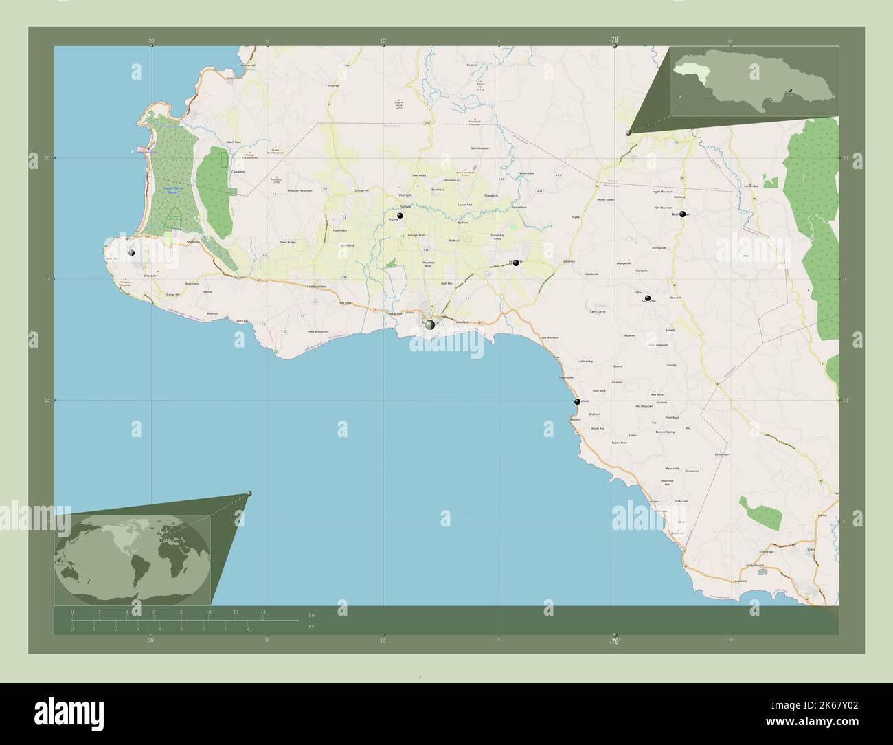 Westmoreland, parish of Jamaica. Open Street Map. Locations of major cities of the region