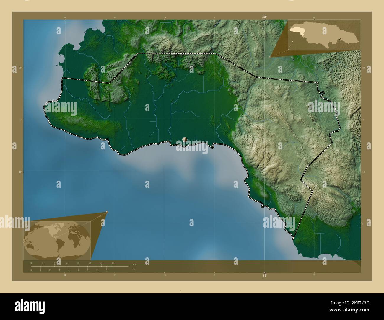 Westmoreland, parish of Jamaica. Colored elevation map with lakes and