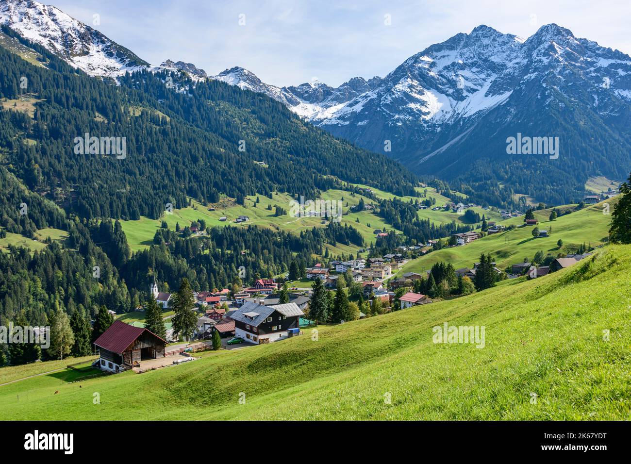 Beautiful view to Hirschegg in the Kleinwalsertal Stock Photo