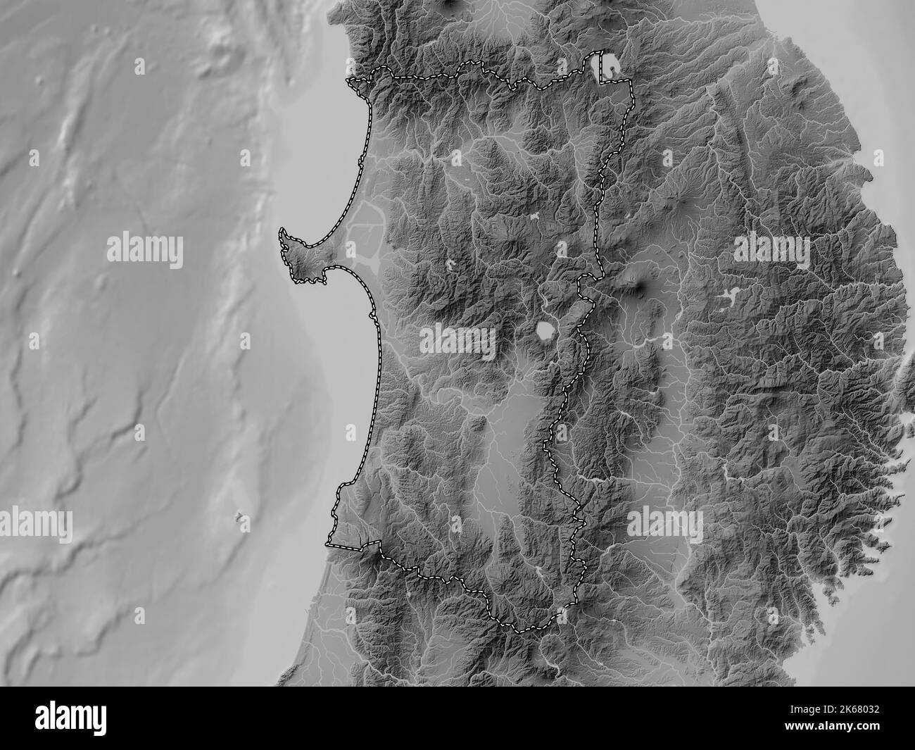 Akita, prefecture of Japan. Grayscale elevation map with lakes and