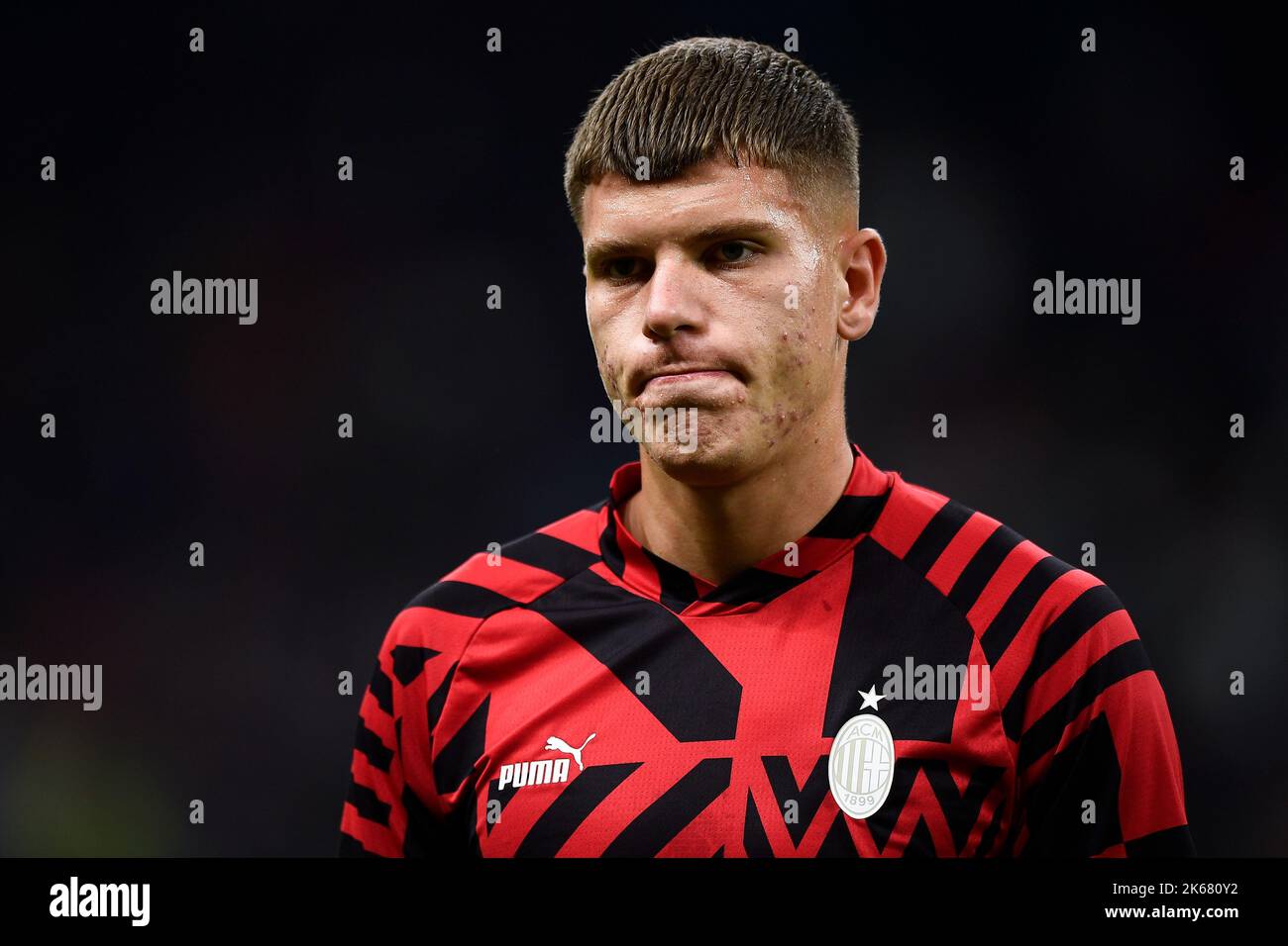 Milan, Italy. 11 October 2022. Andrei Coubis of AC Milan looks on during warm up prior to the UEFA Champions League football match AC Milan and Chelsea FC. Credit: Nicolò Campo/Alamy Live News Stock Photo