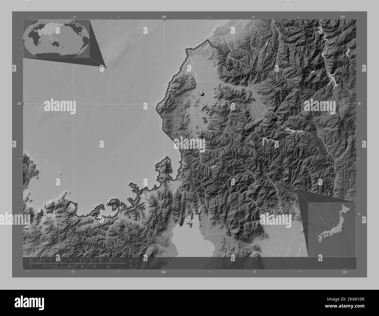 Fukui, prefecture of Japan. Grayscale elevation map with lakes and rivers. Corner auxiliary location maps Stock Photo