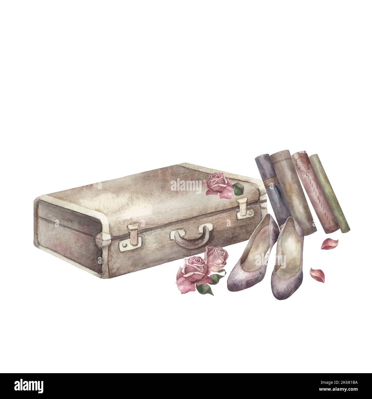 Suitcase shoes flowers books Watercolor Isolated For advertising Suitcase shoes flowers books Watercolor Isolated For advertising