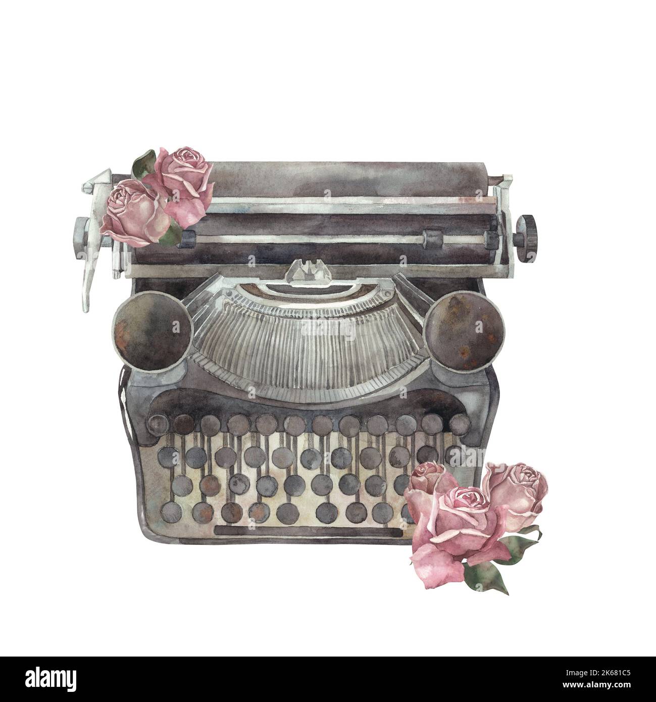 Typewriter flowers bow Watercolor Isolated For advertising Typewriter flowers bow Watercolor Isolated For advertising