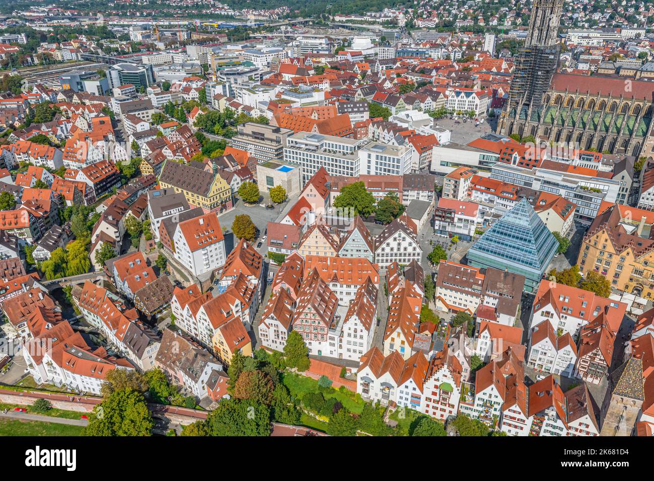 The city of Ulm with its famous Ulmer Münster from above Stock Photo