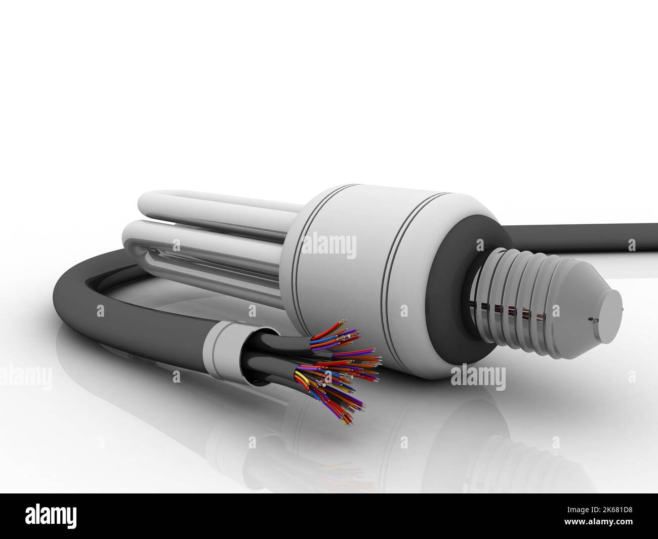 3d rendering Fiber optical cable detail connected CFL bulb Stock Photo