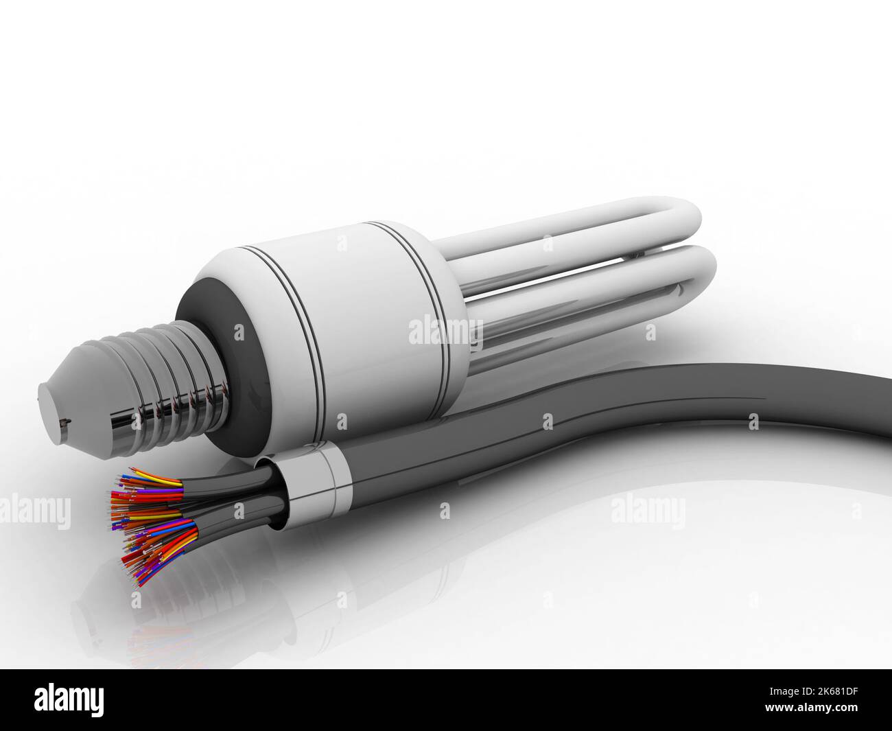 3d rendering Fiber optical cable detail connected CFL bulb Stock Photo