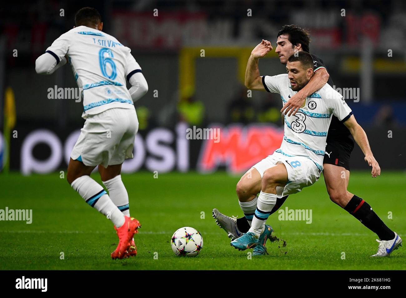 Milan, Italy. 11 October 2022. Mateo Kovacic of Chelsea FC competes for the ball with Sandro Tonali of AC Milan during the UEFA Champions League football match AC Milan and Chelsea FC. Credit: Nicolò Campo/Alamy Live News Stock Photo
