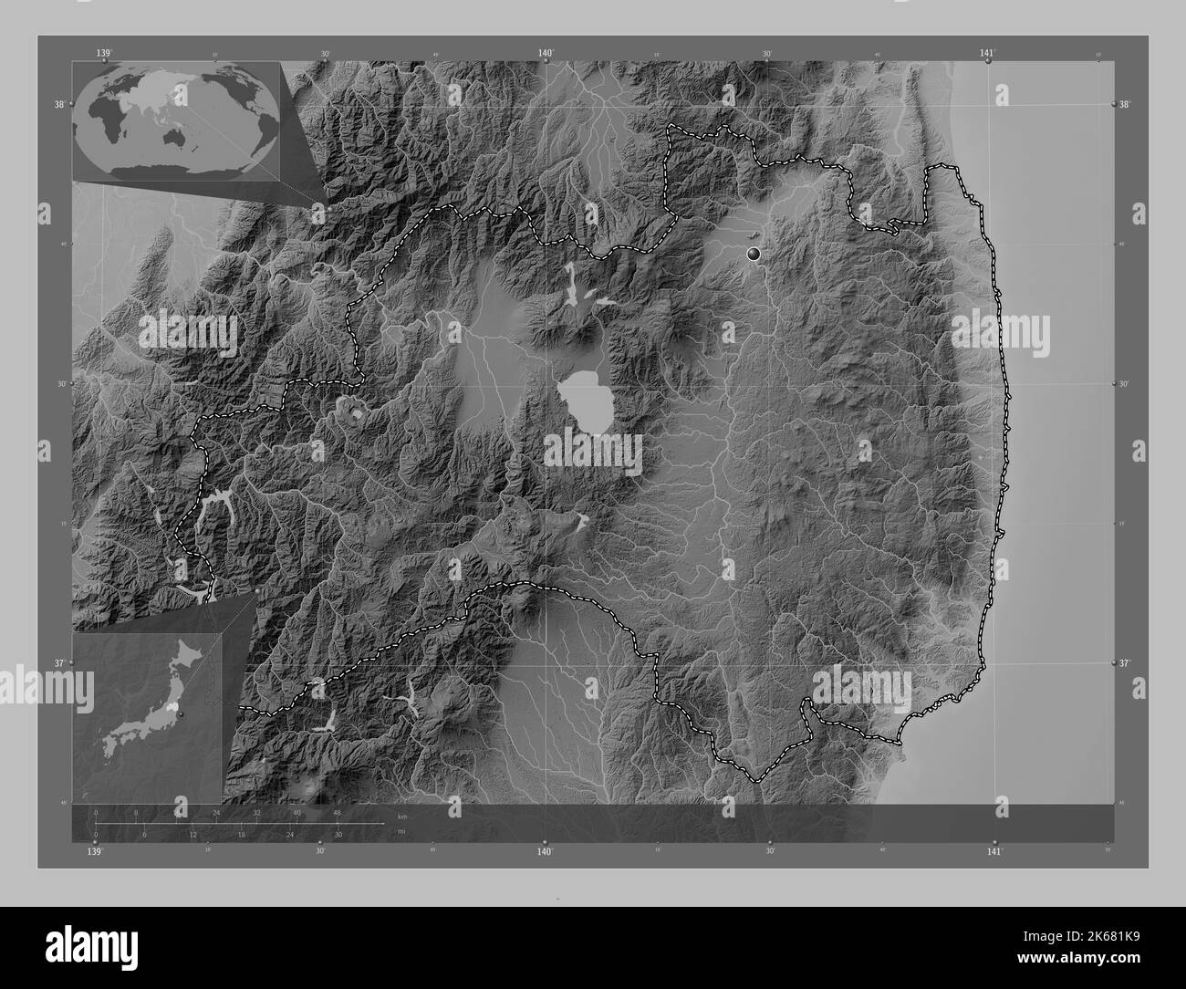 Fukushima, prefecture of Japan. Grayscale elevation map with lakes and rivers. Corner auxiliary