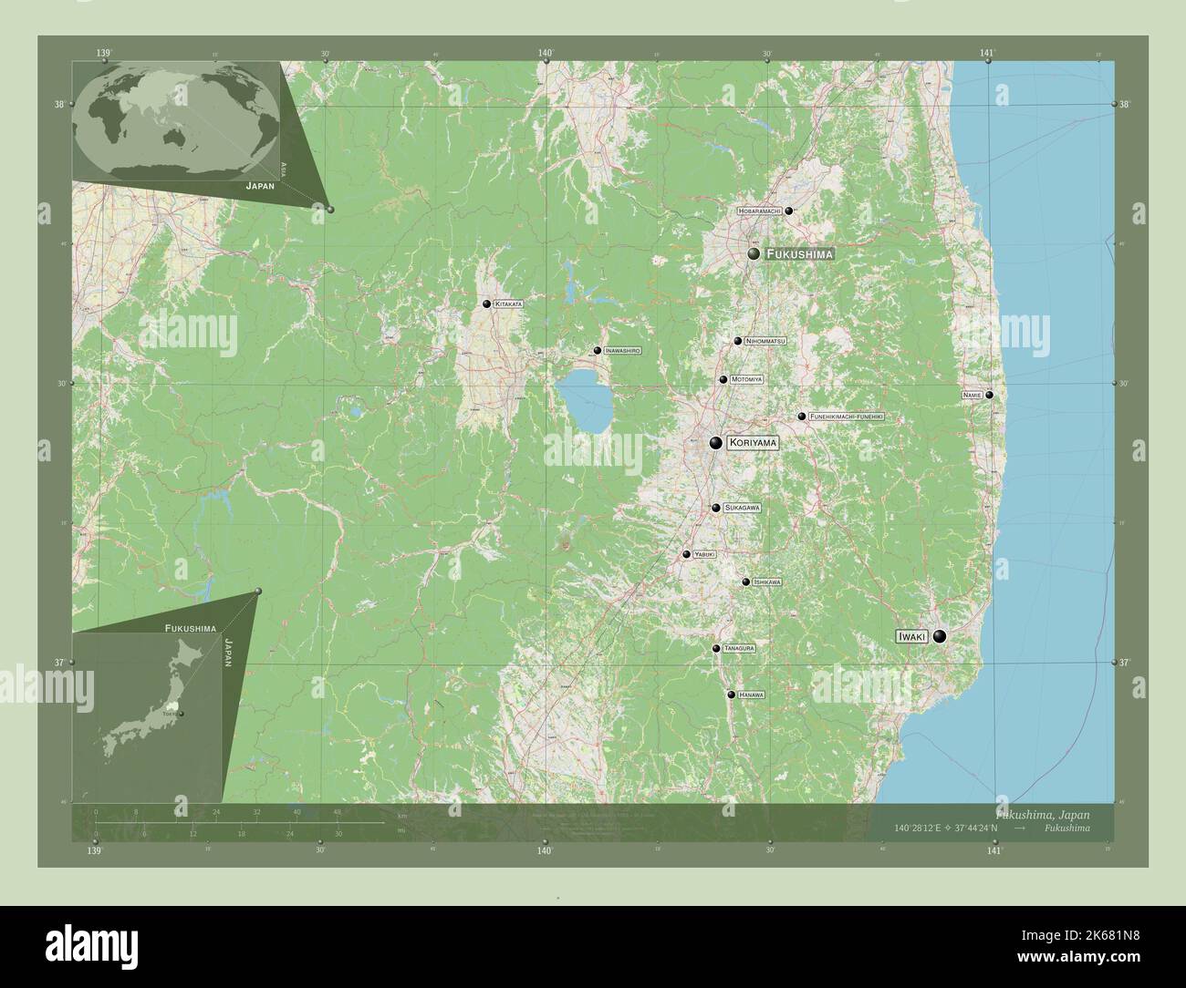 Fukushima, prefecture of Japan. Open Street Map. Locations and names of major cities of the