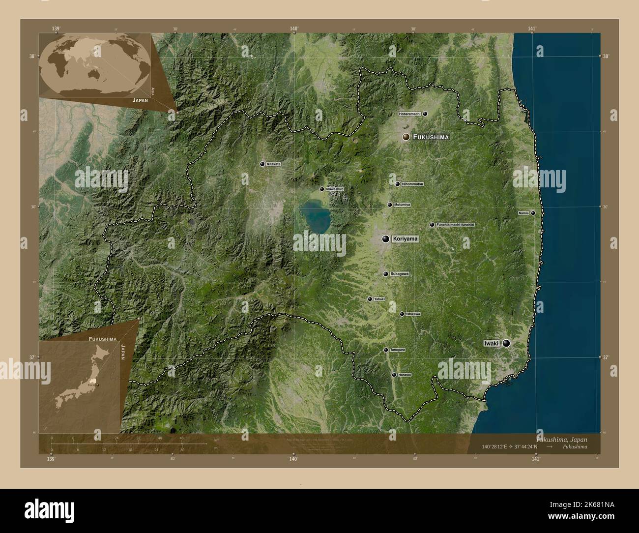 Fukushima, prefecture of Japan. Low resolution satellite map. Locations and names of major