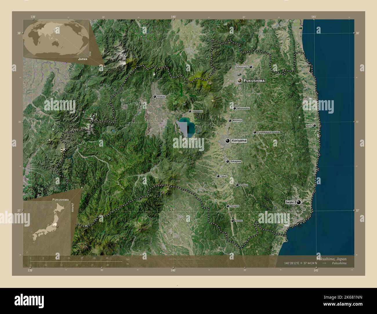 Fukushima, prefecture of Japan. High resolution satellite map. Locations and names of major